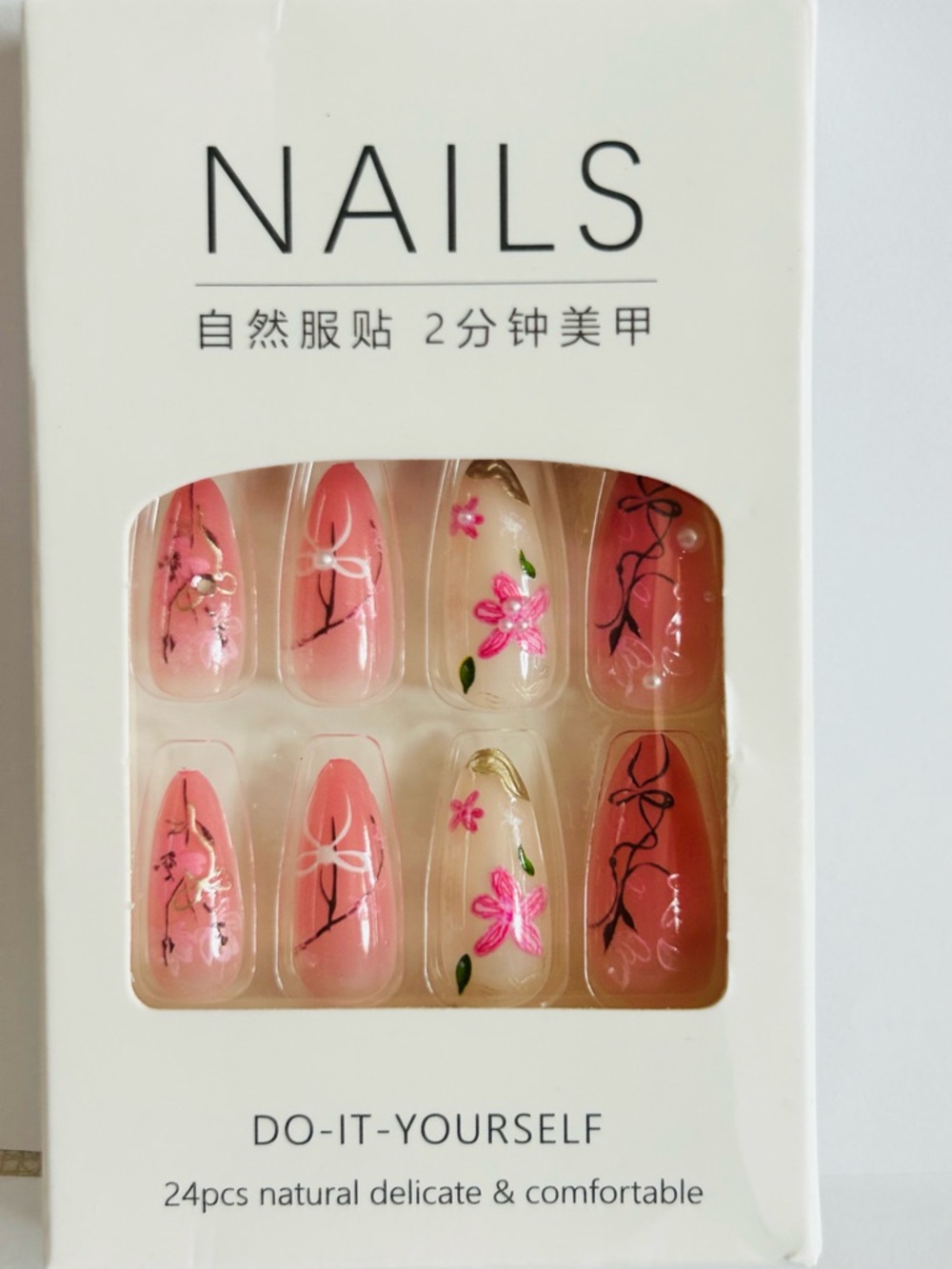 Floral Pink Press-On Nails - Pack of 24